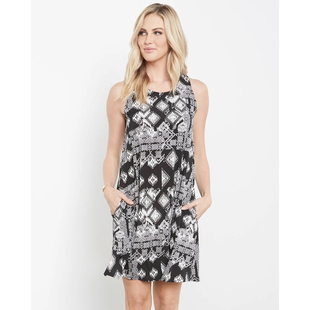 Karen Kane Geo Print Chloe‎ Dress Sleeveless Scoop Neck Black White Size Small